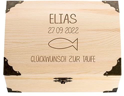 4youDesign Schatztruhe zur Taufe mit persönlicher Gravur – Motiv Fisch – personalisiertes Geldgeschenk mit Name & Datum – Erinnerungsbox (Fisch)