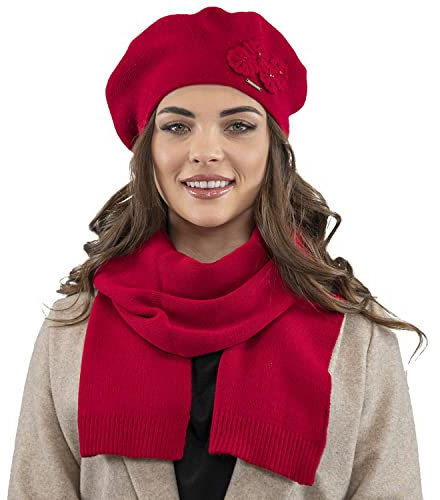 VIVISENCE Damen Mütze Mit Schal Mit Blume Applikation Wärme An Wintertagen 7006, Rot,Einheitsgröße