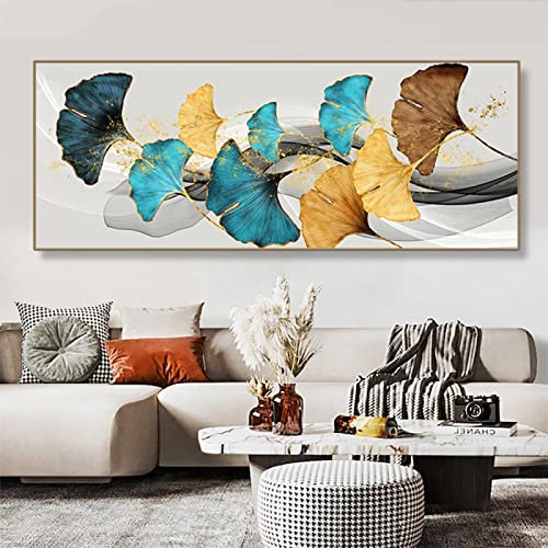dsdsgog Blau Grün Gelb Blattgold Pflanze Blume Leinwand Poster Abstrakte Malerei Wand Kunstdruck Nordische Moderne Bilder Wohnzimmer Dekor 40x120cm Rahmenlos