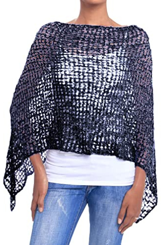 JOPHY & CO. Poncho de mujer con efecto de punto para mujer, gorro de ganchillo para verano y primavera, ligero y suave (cód. 1511), Negro , L