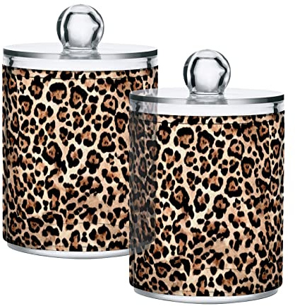 Quteprint 2 Pack Qtip Holder Dispenser, African Animal Leopard Print Clear Plastic Jar Bathroom Canister Storage for Cotton Swab, Cotton Ball, Floss Picks, Hair Clips, Makeup Sponges