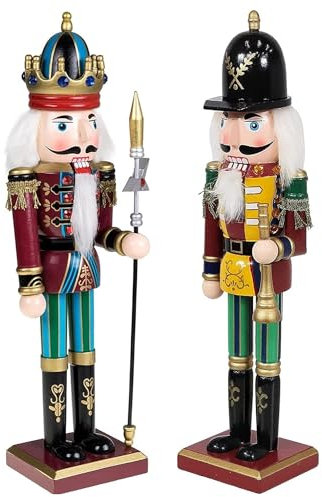 2 P Christmas Wooden Nutcracker Soldiers, 30cm King Ornaments, Premium Pine Wood Painted Christmas Decor for Home Fireplace, Xmas Figures Puppet Soldiers Gifts Toy With Trumpet and Spear