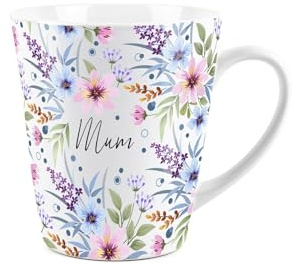 Mum Gift Mug - Blue and Purple Floral Design Small Latte Mug - Ceramic White Tea/Coffee Present Gift