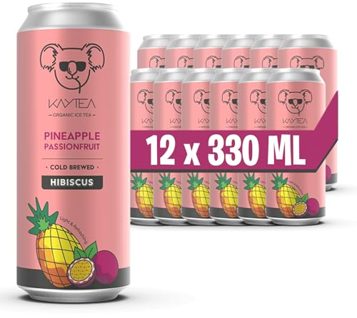 KAYTEA Cold Brew Pineapple Passionfruit Iced Tea Cans, 330ml x 12 - Organic Hibiscus Ice Tea with Pineapple & Passion Fruit Infusion - Low Calorie Flavoured Ice Drinks, Made in the UK