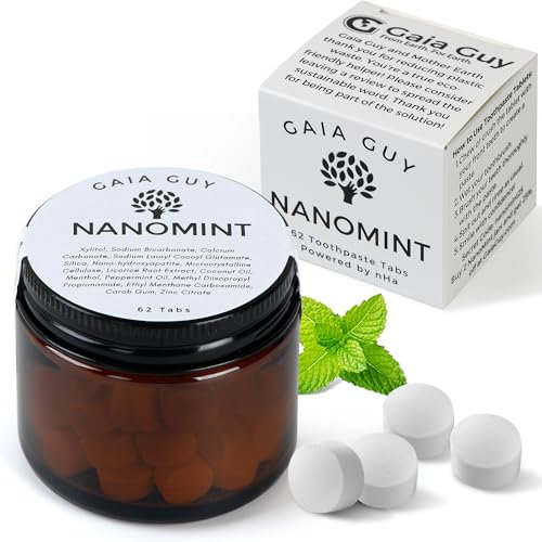 Gaia Guy | NanoMint Fluoride Free Toothpaste | Nano Hydroxyapatite Remineralizing Toothpaste Tablets - Nano Hydroxyapatite (nHA), Plastic Free, Eco-Friendly Glass Jar | 62 Tabs