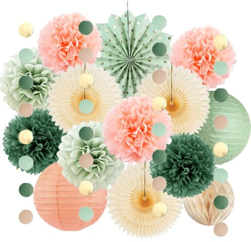 Pfirsich Party Deko Salbeigrün Rosa Apricot Pompons Papierlaterne Olivgrün mit Kreisgirlande für Geburtstag Babyparty Hochzeitsdeko Brautdusche