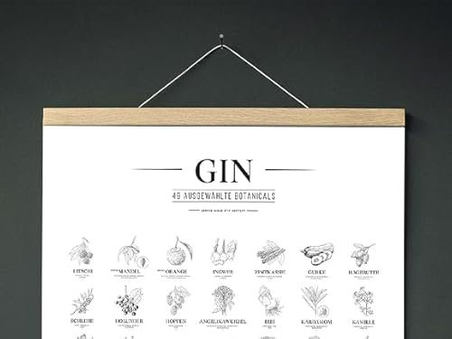 531 Rheinland Design Gin Plakat, 49 ausgewählte Kräuter Botanicals Gin Aromen als Poster, wall decor in A2 und Schwarz Weiß (Mit Posterleiste)