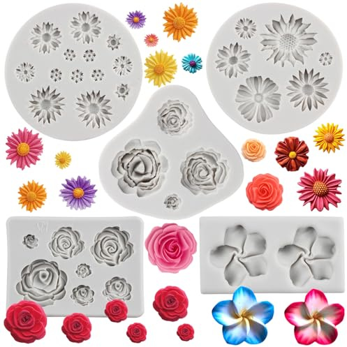 MYPRACS Stampi in silicone per petali di rosa, margherite, crisantemi, Frangipani, plumeria, fiori, in silicone, per cupcake, caramelle, argilla polimerica, cioccolato, set da 5