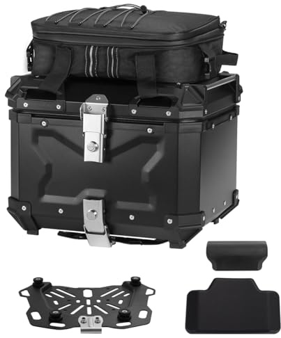 TINGPAI Motorcycle Top Case Set，Including Tail Box、Base Bracket、Backrest、Bag，Waterproof Aluminum Handle Motorcycle Helmet Case,Tail Box with Security Lock (Black, 45L)