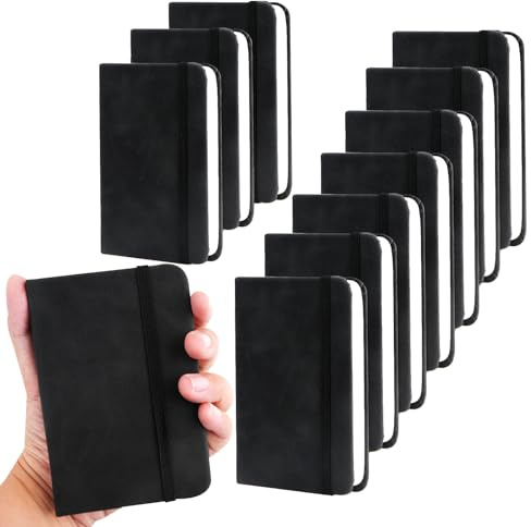 QUMENEY 10 Stück Taschennotizbuch aus Pu-Leder tragbares A7-Notizbuch | liniertes Papier Notizblock mit Gummiband für Schule Büro Zuhause Reisen, 200 Seiten/100 Blatt (schwarz)