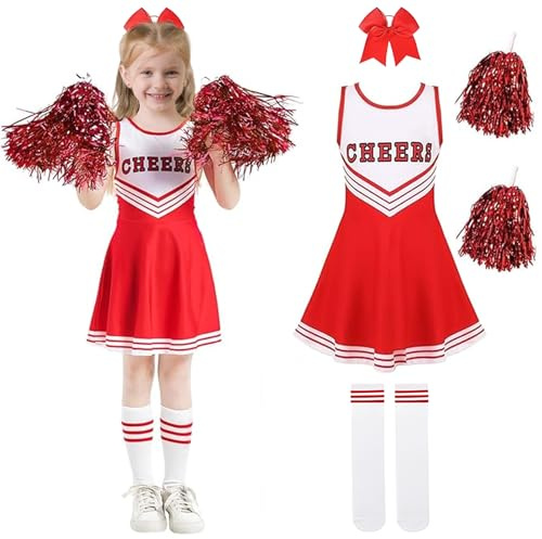 Disfraz de Animadora para Niña: Disfraces Cheerleader Niño con Pompones Calcetines y Accesorios Del Cabello para Carnevale Cosplay Fiesta Traje (140(8-9 años))
