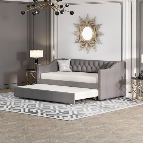 PerGar Utdragbar klädselsäng 90 x 200 cm, utdragbar bäddsoffa med MDF-ram, dagsäng av linnetyg, multifunktionell utdragbar ungdomssäng, lämplig som hörnsäng