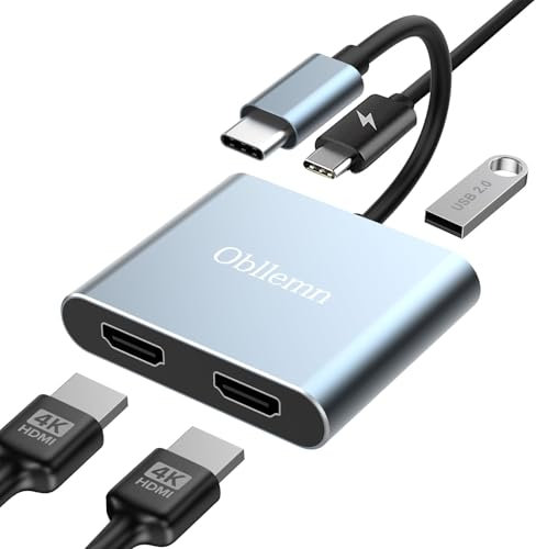 USB C to Dual HDMI Adapter, 4 in 1 Splitter for Dual Monitors 4K, USB C, PD 100W, Extend Laptop to 2 Monitors HDMI for MacBook Pro/Air, Pad, Surface, Dell, Galaxy, Chromebook