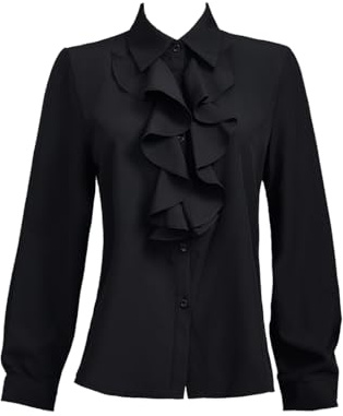 Taiduosheng - Camisa de encaje para mujer con cuello de volante, cuello de pico, manga larga, blusa con detalles de volante, camisa de vestir ajustada para oficina y negocios, Negro, S