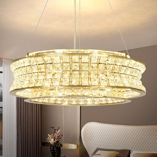 KUNYEEE Moderner Kristallleuchter in Gold, runde LED-Pendelleuchten, verstellbare goldene Hängeleuchter für Flur, Wohnzimmer, Esszimmer, 50 cm