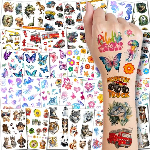 CHARLENT Temporary Tattoos for Kids - 320 Mixed Styles (36 Sheets) Tattoo Stickers Set for Boys and Girls, Car Dinosaur Hawaii Mermaid Watercolor Animals Tattoos for Kids Birthday Party Supplies