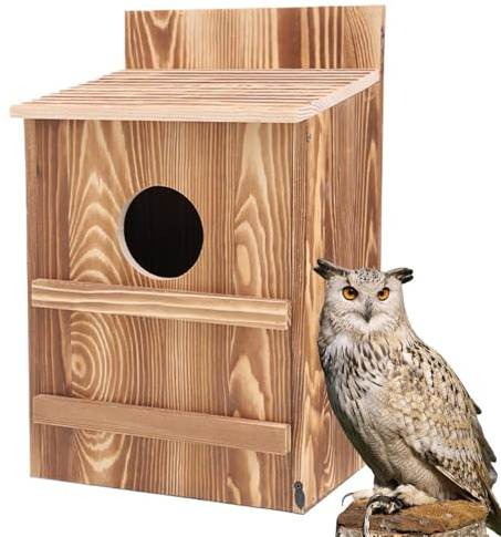 Eule Nistkasten | Holz Eule Haus für Außen | Große Rechteckige Runde Öffnung Vogelbox mit Befestigungsschrauben für Turmfalken Vögel inkl. Befestigungsschrauben