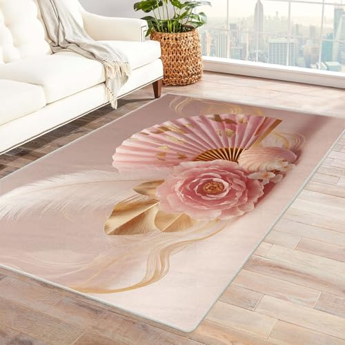 CUDAOO Digital Printed Unique Design carpet Pink gold fan Living Room Rugs Decorative Indoor Floor Mat Natural Theme(pink)-240x300cm