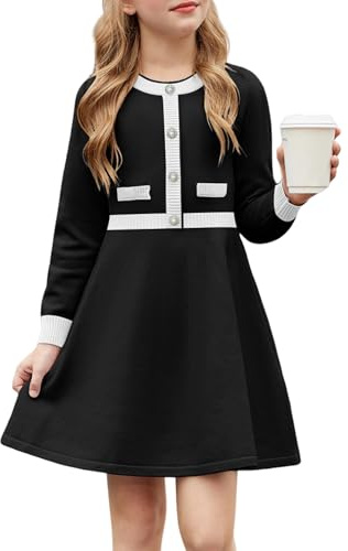 Arshiner Niñas Vestido Invierno Niños Cálido Punto A-Line Fiesta Festivo Elegante de Manga Larga Vestidos para Niñas 13-14 años Negro