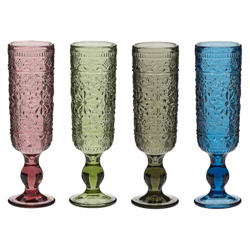Dibor Drinking Glasses Set of 4 Mix and Match Assorted Wine Glasses, Champagne Flutes & Tumblers Dishwasher Safe Pink, Green, Blue & Grey Glassware Set with Embossed Design (Champagne Flutes)