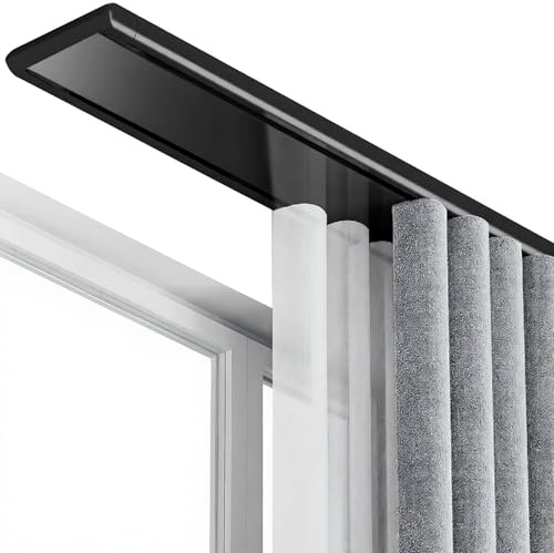 Gardinenschiene 2 Läufig Deckenmontage Alu, Doppelte Vorhangstangen-Deckenbefestigung, Doppelläufige Vorhangschiene mit Leiser Gleitfunktion für Wohnzimmer Schlafzimmer Vorhänge(Schwarz,1.6M)