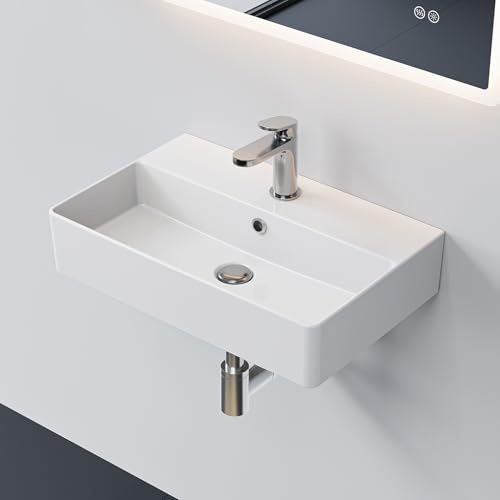 HOROW Waschbecken Bad Keramik Waschtisch tiefes Aufsatzwaschbecken mit Hahnloch und Überlauf, Badezimmer Handwaschbecken mit 8mm dünnem Rand, Waschbecken Lochabstand 28 cm