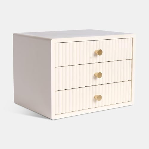 OHS Ribbed Wooden Desktop Drawers, Small Item Storage Desktop Drawer Organizer Office Supplies Filing Stackable Makeup Container Jewellery Tabletop Storage Cabinet with 3 Drawers, Cream
