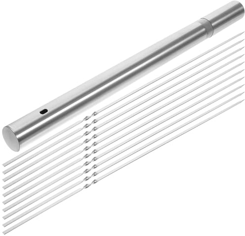 CORHAD Stainless Steel Flat Bbq Skewers with Reusable Meat and Vegetable Sticks and Storage Tube for Grilling Non-slip Insulated Skewers for Barbecue Roasting and Outdoor Cooking