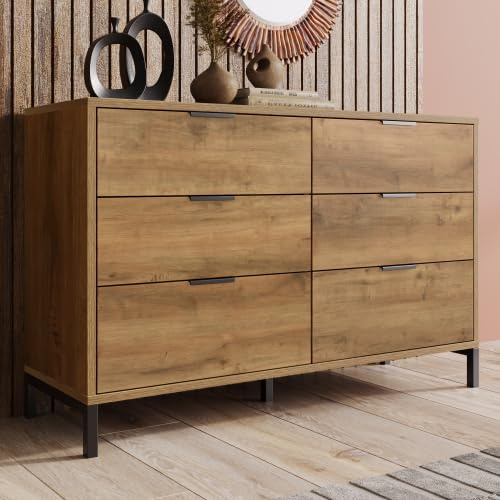 Merax Sideboard aus Dunkler Eiche mit Metallrahmen – Kommode mit 6 Schubladen, Verstellbaren Füßen und Industriellem Design für Wohnzimmer, Küche und Flur