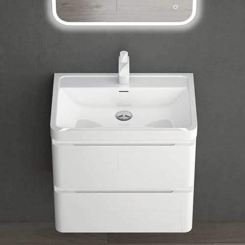 Mai & Mai Badmöbel-Set Waschbeckenunterschrank 60x42x55cm in Weiß | Waschtisch mit Unterschrank, mit Softclose Schubladen, inkl. Mineralguss Waschbecken Lucca