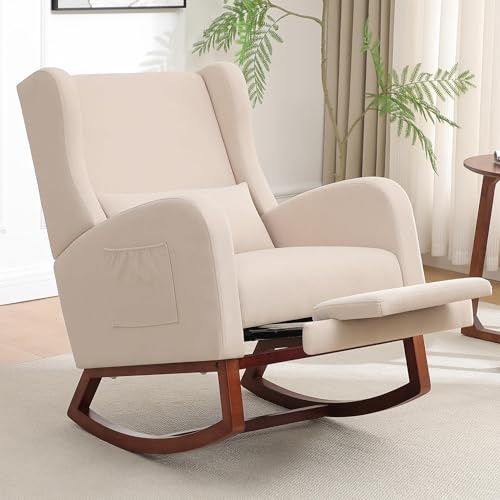 YUUIJOAA Schaukelstuhl mit Fußstütze, Schaukelsessel, Gepolsterter Stillstuhl mit Holzbeinen & Seitentaschen, Hochlehner Stillen Sessel für Wohnzimmer, Schlafzimmer, Babyzimmer (Leinen-Beige)