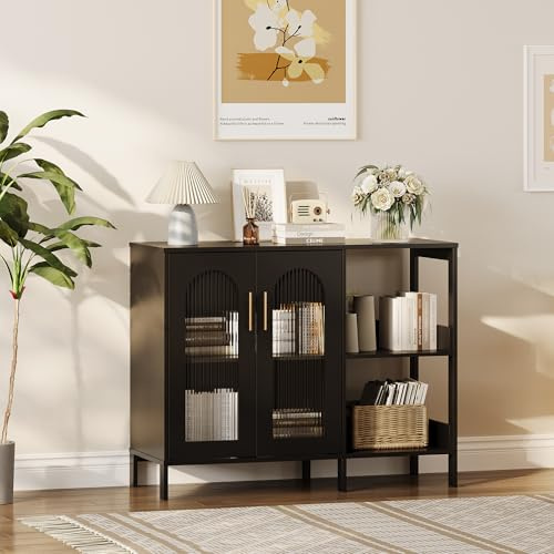 Thaookte Metallschrank Mit Glastüren, Sideboard Küchenschrank, Glas Vitrine Schrank Mit Verstellbarem Regal, Anrichte Schrank Für Küche Esszimmer Wohnzimmer, 100 x 40 x 80 cm, Schwarz