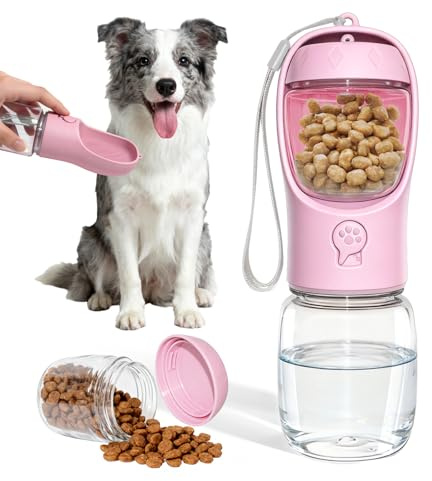 Liphier wasserflasche Hunde für unterwegs 2 in 1 für Wandern(Rosa, 350ML) | mit 100g Futterbehälter, Doppeltes Leckagebeschützendes Design，Verzehr ohne BPA, Einfach zu bedienen, Mehrere Farben