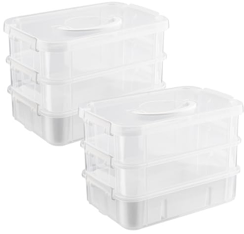 HONYUET Uppsättning av 2 3 våningar förvaringslåda, 26,7 x 17,5 x 19 cm transparent vit PP-plast med lock och handtag, arrangör pysselmaterial sytråd förvaring för pysselväska pyssellåda