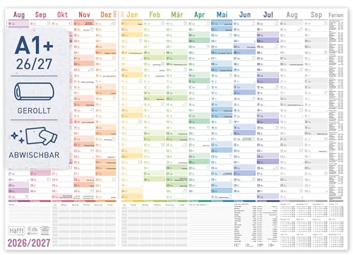 Häfft® XXL Wandkalender Schuljahr 2026 2027 A1+ abwischbar Rainbow | Großer Schuljahreskalender im A1+ Format (89 x 63 cm groß), Jahresplaner abwischbar groß/gerollt, Schuljahresplaner Wand