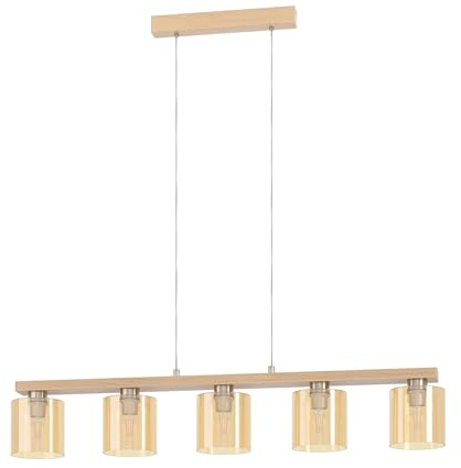 EGLO Hängelampe Castralvo,5-flammige Pendelleuchte Esstisch | Hängeleuchte aus Glas in amber und Holz in Natur, Esszimmerlampe hängend, E27 Fassung, 121 cm