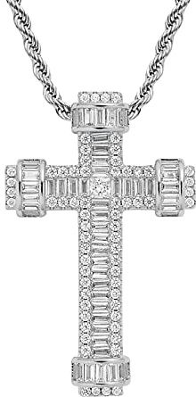 Fantex 14 Iced Out Zepter Kreuz Halskette, Full Bling Baguette CZ Diamant Anhänger mit Seilkette, Vergoldeter Hip Hop Schmuck für Männer Frauen (White)