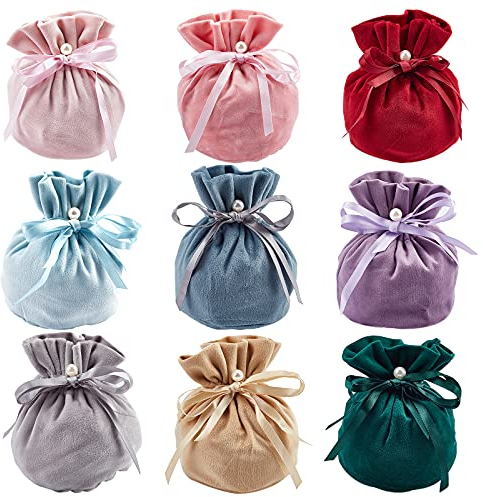nbeads 18 Stück Samt Schmuckbeutel, 13,2x14cm Geschenkbeutel Kordelzugbeutel mit Kordelzug und Kunststoffperlenimitation für Schmuckgeschenk