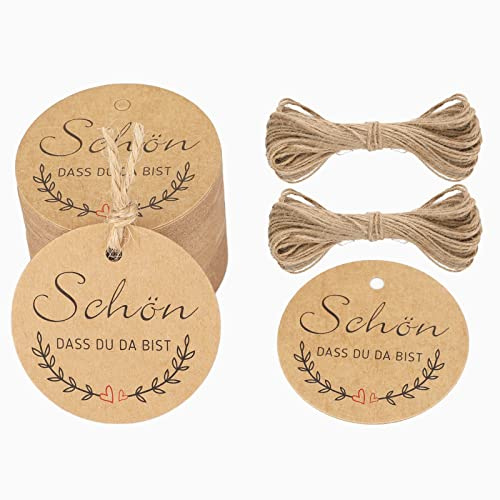 5CM Geschenkanhänger SCHÖN DASS DU DA BIST Etiketten Anhänger Tags 100stk mit 20M Jute Schnur