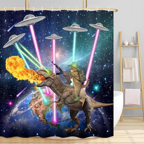 VEIVIAN Lustiger Duschvorhang für Badezimmer, Motiv: süße Katze, Dinosaurier im Weltraum, Fantastische Galaxie, kosmischer Stoff, inklusive Haken, 183 x 183 cm