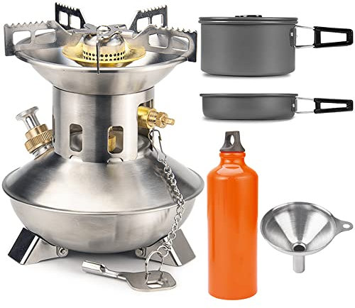 PBTMCD Mini Cuisinière à Gaz Portable à Essence, Pressurisable Grande Capacité Acier Inoxydable Poêle de Randonnée, Extérieur Pique-Nique Cuisinière à Barbecue Cuisinière Hobo,with Pot