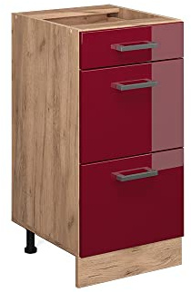 Vicco Küchenunterschrank R-Line, Rot Hochglanz, 40 cm | 3 Schubladen · Ohne Arbeitsplatte · Höhenverstellbare Füße · ✓ Leichter Zugriff · ✓ Frei kombinierbar
