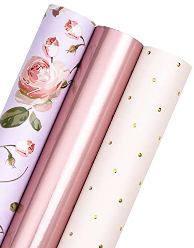 RUSPEPA Geschenkpapierrolle – Mini-Rolle – 43,2 cm X 3,05 m Pro Rolle – 3 Verschiedene Rosa Und Roségoldene Designs, Perfekt Für Valentinstag, Muttertag (42,5 Sq.Ft.Ttl)