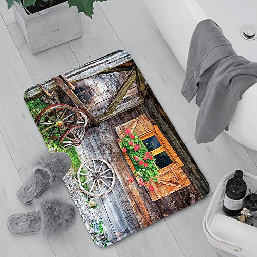 Badematte rutschfest, Badteppich für Badezimmer,Fensterläden, verwitterte alte Fenster mit Blumen in Pot Wheels Bauernhaus Ländliches M,Waschbar Badezimmerteppich für Wohnzimmer Schlafzimmer 60x100 cm
