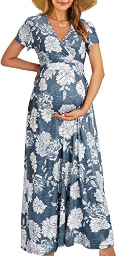 OUGES Maternity Maxi Dress Wrap Baby Shower Pregnancy Dresses for Photoshoot Maternity Outfits Summer Clothes 2026(Floral-12, Large)