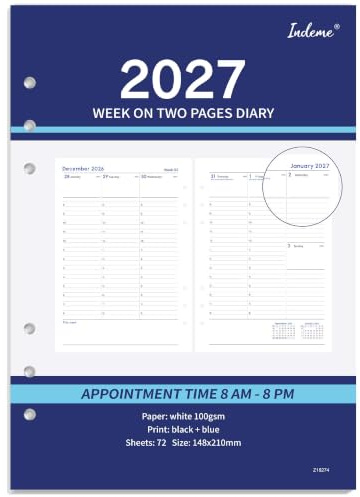 Nachfüll-Terminplaner 2026 - Terminplaner 2026 Seite pro Tag, 6-fach gelocht, Woche auf 2 Seiten, 148 x 210 mm, Montag Beginn, Januar 2026 - Dezember 2026, Blau