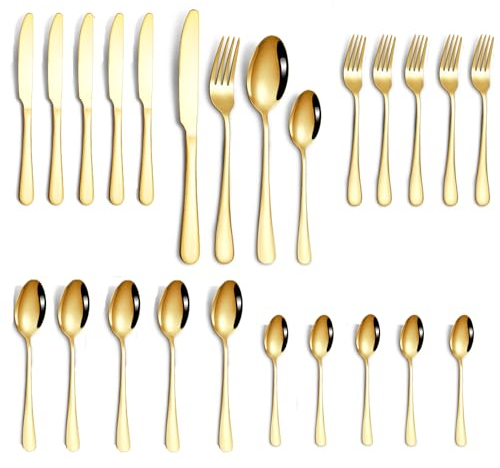 Set de Couverts pour 6 Personnes,Set de 24 Pièces en Acier Inoxydable,Cadeau Couverts Poli Miroir Couverts de Table Design Moderne Couteau, Fourchette,Cuillères,Coffret or Portable