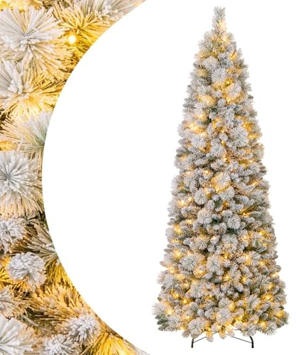 SPOTRAVEL 7FT Pre-lit Christmas Tree, Snow-flocked Xmas Tree (210 cm) | with 200 LED Lights, 680 Branch Tips & Metal Stand, Easy Setup Holiday Decoration Tree
