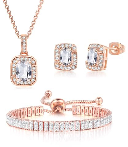 JewelryWe Schmuckset Damen Rechteck Zirkonia: Glitzer Kubischer Zirkonia Quadrat Halskette Ohrringe Armband Set Tennisarmband Anhänger mit Kette Ohrstecker Schmuck Set für Frauen Mädchen