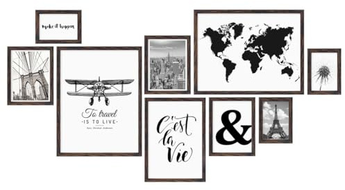 PHOTOLINI dunkel Eiche Bilderrahmen Set verschiedene Größen, 9 Bilderrahmen braun Holz MDF, Bilder Rahmen mit Acrylglas, Bilderrahmenset zum Aufhängen, Fotorahmen Set mit Zubehör für Fotos & Poster